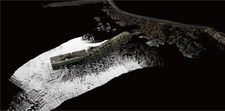 A fishing harbor and its environs rendered in 3D using point cloud data. MAGNET Collage was used to integrate data from the IP-S3 HD1, the GLS-2000 and an echo sounder.