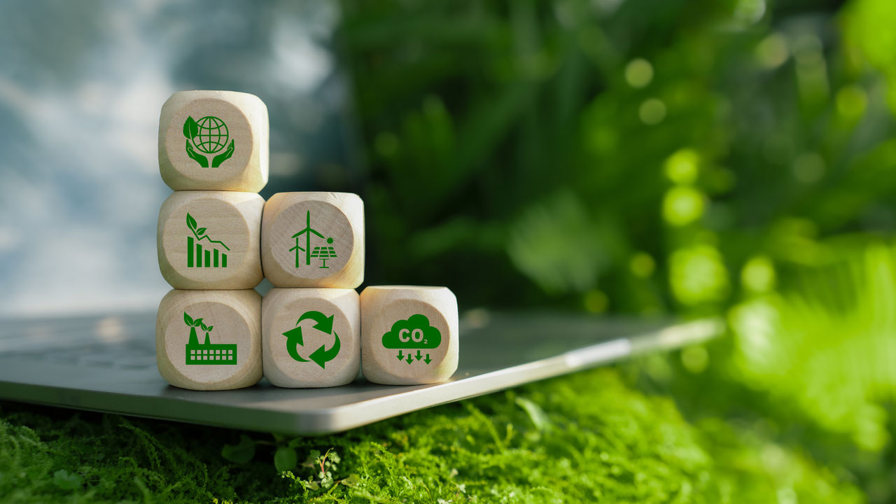 Wooden blocks with green environmental icons for ESG, Concept of World sustainable environment, Save our Planet, World Environment Day, World Earth Day, Climate change, co2 and net zero.
