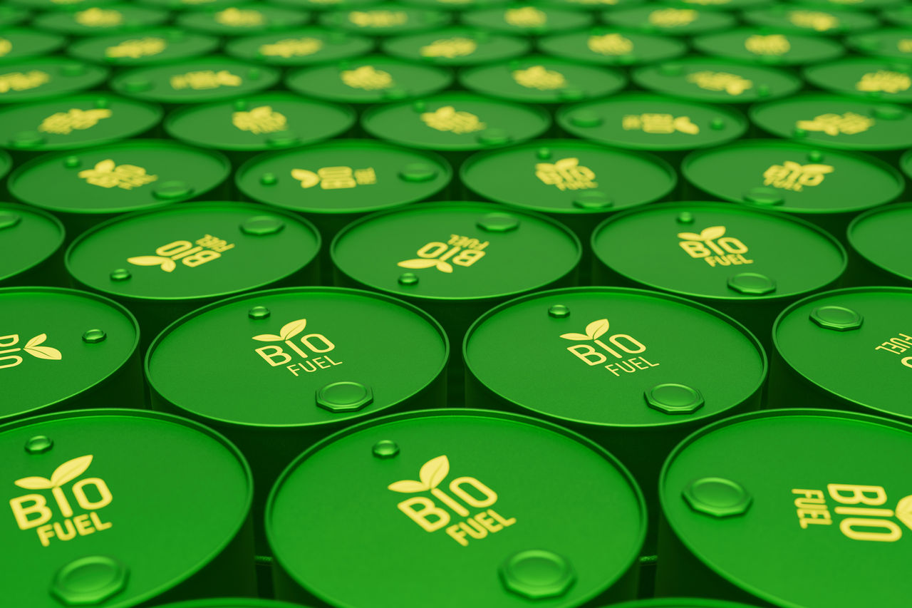 Wall of biofuel barrels or biodiesel drums. Sustainable energy concept. 3d render illustration