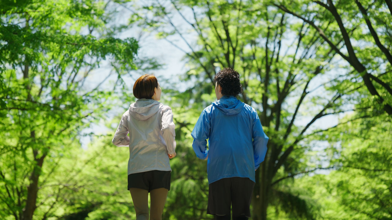 夏の早朝にジョギングする男女