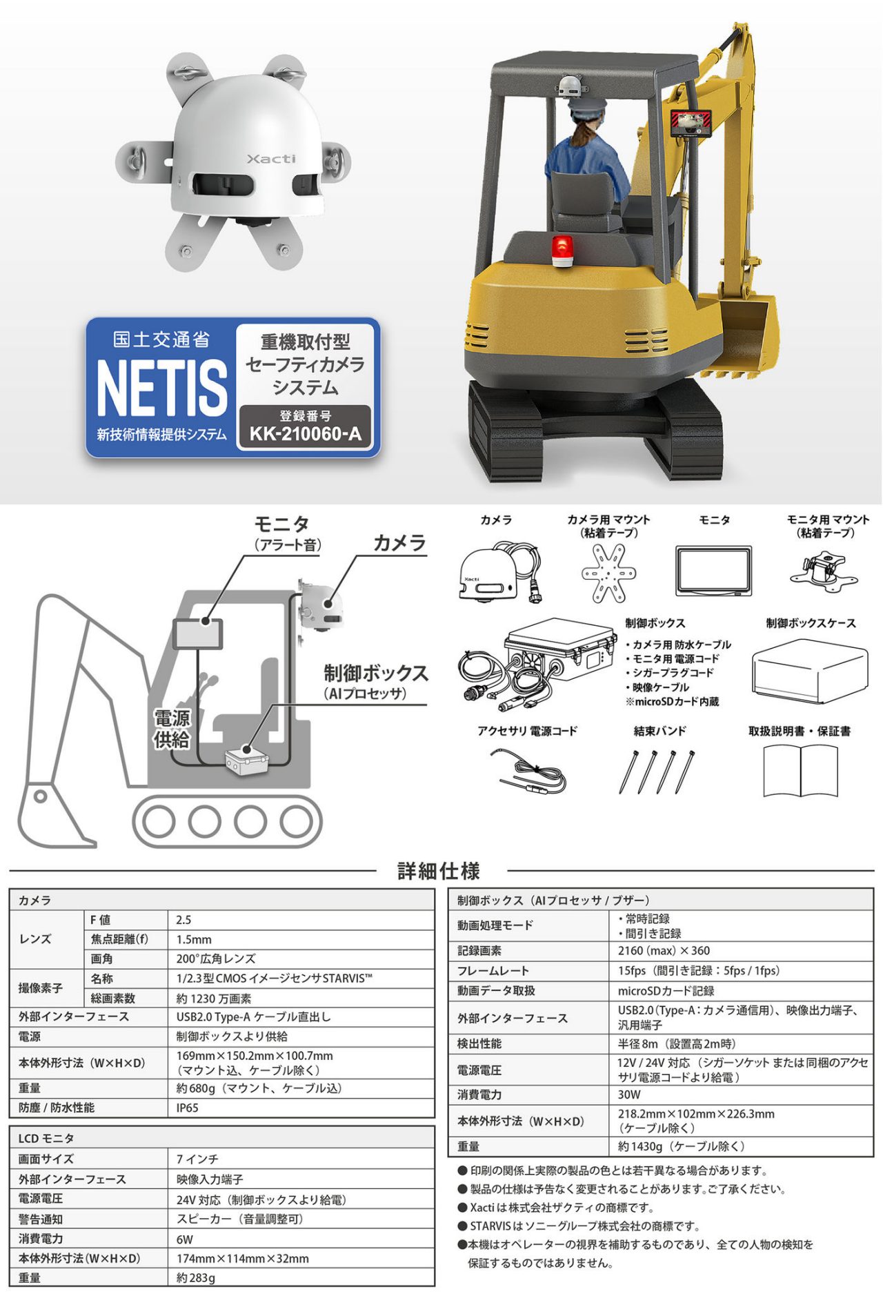 小型重機取付型セーフティカメラシステム【ドボレコ®S】SX-DB100　スペック表