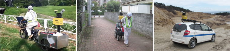 Left: The IP-S3 HD1 on a bicycle trailer. Center: On a motorized wagon. This makes it possible to use the IP-S3 HD1 in places where automobiles and motorcycles cannot enter. Height restrictions under bridges and elsewhere pose no problems. Right: Of course, the IP-S3 HD1 can be mounted on an automobile. The company uses different combinations of UAV, the GLS-2000 and the IP-S3 HD1 to suit various conditions at development worksites, captures everything in 3D, and includes the data in the deliverables along with the viewer.